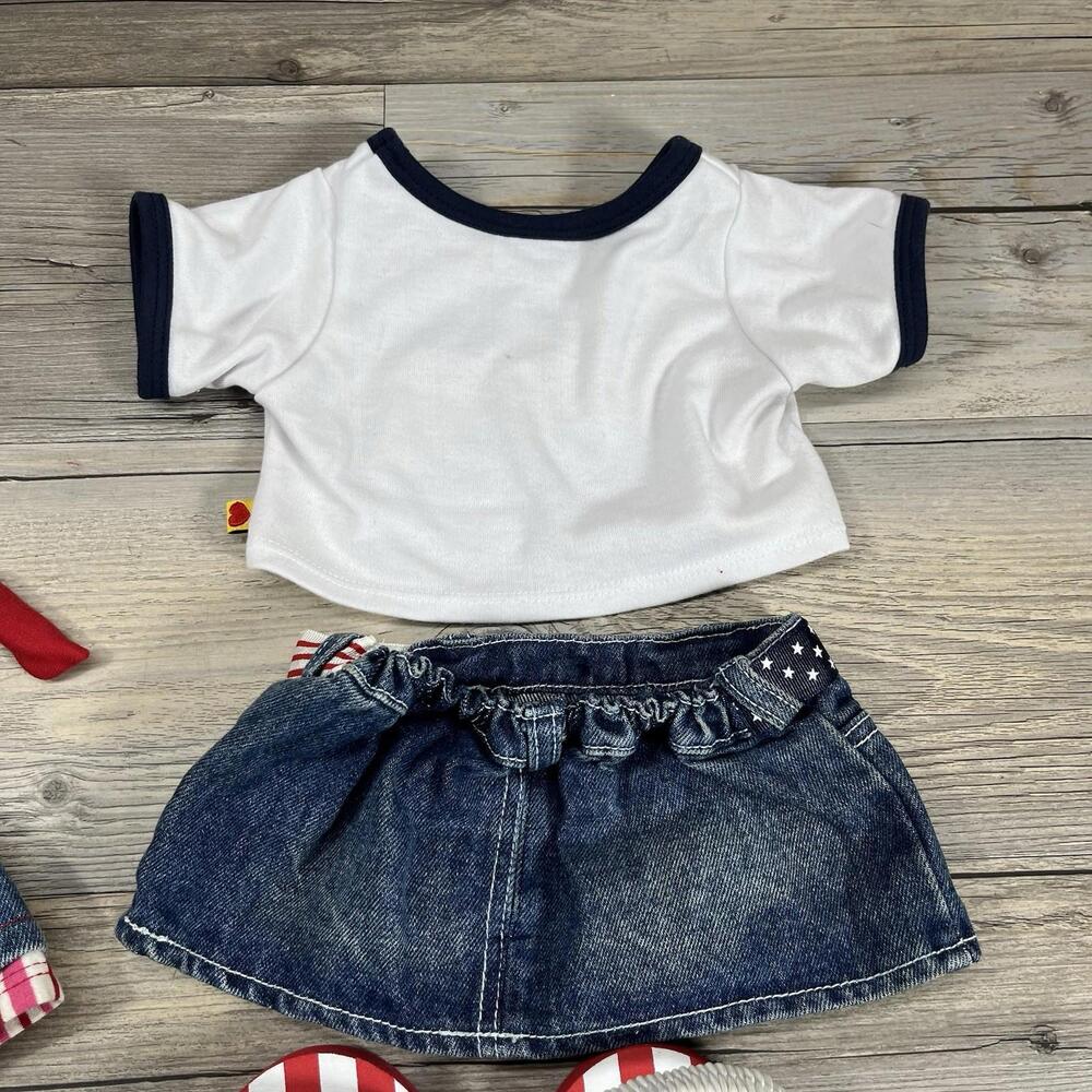Build A Bear Outfits Denim Jean Skirt Skechers Shoes Love Red White Blue Visor - Picture 4 of 9